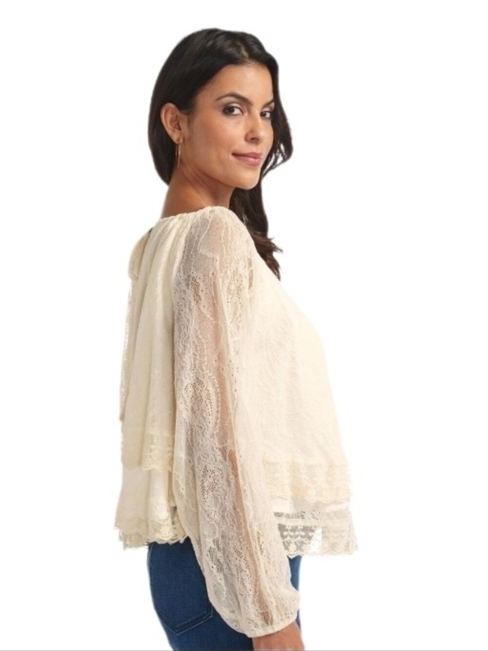Masseys Top Tiered Lace Peasant Blouse Cream Size M - Picture 8 of 12